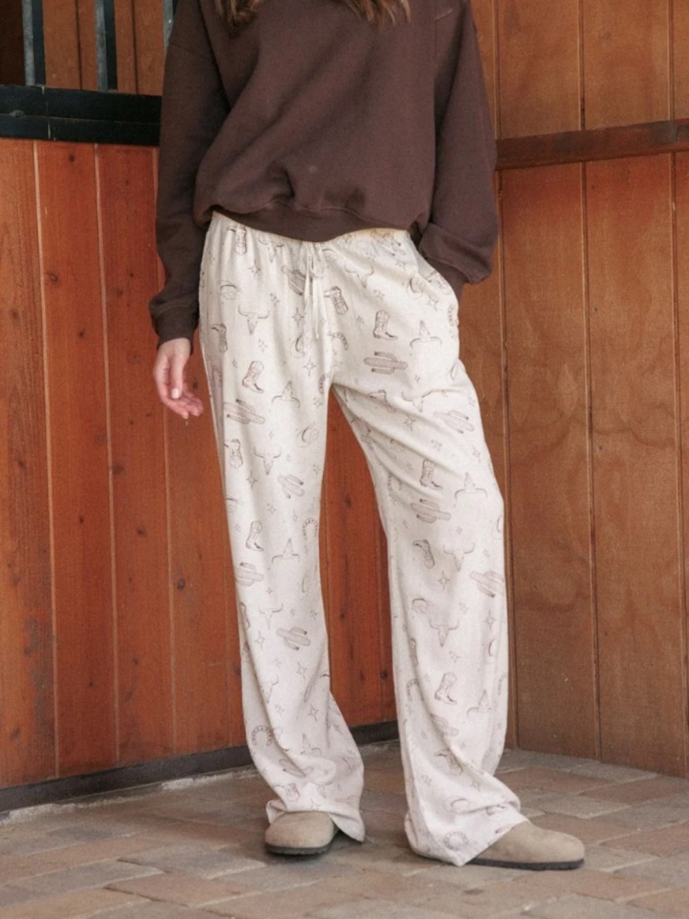 Cali 1850 Western Printed Linen Pull On Pants Size Medium Cream Cowgirl Rodeo